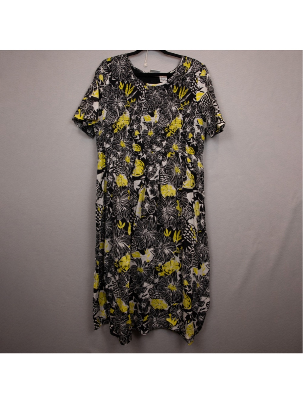 90s Take Two Clothing Co. black yellow floral lemon print smocked midi dress-XL